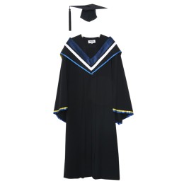 Custom made graduation gown of bachelor's College of hotel and tourism management of Macao University of science and technology, black square graduation cap, dark blue V-neck shawl, bachelor's graduation gown supplier DA174 Custom made graduation gown of bachelor's College of hotel and tourism management of Macao University of science and technology, black square graduation cap, dark blue V-neck shawl, bachelor's graduation gown supplier DA174